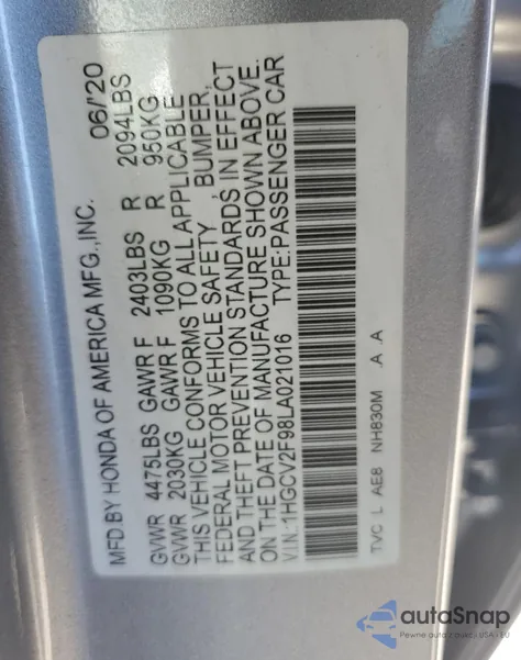 2020 Honda Accord Touring из США, поврежденный, VIN 1HGCV2F98LA021016